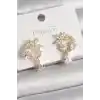 Pirinç Gold Renk Zirkon Taşlı Çiçek Model Sallantı Damla Detay Kadın Küpe