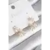 Pirinç Gold Renk Zirkon Taşlı Çiçek Tasarım Kadın Küpe