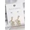 Pirinç Gold Renk Zirkon Taşlı İncili Sallantılı İşlemeli Damla Model 3 Çift Kadın Küpe Seti