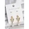 Pirinç Gold Renk Zirkon Taşlı İncili Sallantılı Kalp Model 3 Çift Kadın Küpe Seti