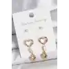 Pirinç Gold Renk Zirkon Taşlı Sallantı Kalp Model Kadın 3 Çift Küpe Seti