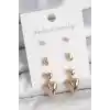 Pirinç Gold Renk Zirkon Taşlı Sallantılı Kalp Model 3 Çift Kadın Küpe Seti