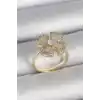 Pirinç Gold Renk Zirkon Taşlı Yonca Model Ayarlanabilir Kadın Yüzük