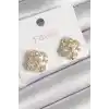 Pirinç Gold Renk Zirkon Taşlı Yonca Model Kadın Küpe