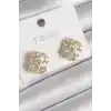 Pirinç Gold Renk Zirkon Taşlı Yonca Model Kadın Küpe