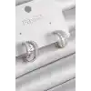 Pirinç Gümüş Renk 2Li Zirkon Taşlı Halka Model Kadın Küpe
