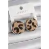 Pirinç Gümüş Renk Daire Plaka Model Leopar Desenli Kadın Küpe