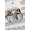 Pirinç Gümüş Renk Kare Plaka Leopar Desenli Kadın Küpe