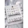 Pirinç Gümüş Renk Papatya Detaylı 12 Çiftli Kadın Küpe Seti