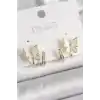 Pirinç Gümüş Renk Zirkon Taş Detaylı Beyaz Sedefli Kelebek Model Kadın Küpe