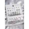 Pirinç Gümüş Renk Zirkon Taşlı 12 Çift Kadın Küpe Seti