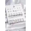 Pirinç Gümüş Renk Zirkon Taşlı 12 Çift Küpe Seti