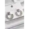Pirinç Gümüş Renk Zirkon Taşlı Çivi Halka Model Kadın Küpe