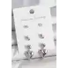 Pirinç Gümüş Renk Zirkon Taşlı Sallantılı Kalp Model 3 Çift Kadın Küpe Seti