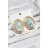 Pirinç Mermer Desenlli Mavi Sedef Oval Vintage Model Gold Renk Kadın Küpe