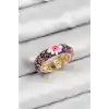 Pirinç Mor Mineli Çiçek Motifli Gold Renk Ayarlanabilir Kadın Yüzük
