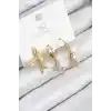 Pirinç Zirkon Taşlı 3lü Kuş Model Gold Renk Kadın Küpe