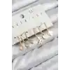 Pirinç Zirkon Taşlı Hello Kity Ve Yonca Model Gold Renk 6lı Küpe Set