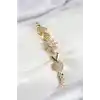Pirinç Zirkon Taşlı Kalp Detaylı Çiçek Model Gold Renk Kadın Bileklik