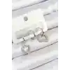 Pirinç Zirkon Taşlı Kalp Model Gümüş Renk 3lü Çift Kadın Küpe Set