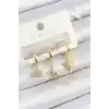 Pirinç Zirkon Taşlı Yıldız Model Gold Renk 3lü Çift Kadın Küpe Set