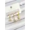 Pirinç Zirkon Taşlı Yıldız Model Gold Renk 3lü Çift Kadın Küpe Set