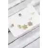 Pirinç Zirkon Taşlı Yıldız Ve Gül Model Gold Renk 925 Ayar Gümüş Çivi Kadın Küpe Set