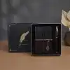 Vip Kutulu Deri Yaprak Desenli Defter Ve Metal Roller Kalem Seti