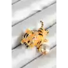 Zirkon Taşlı Siyah Çizgili Turuncu Kaplan Figürlü Gold Renk Kadın Broş