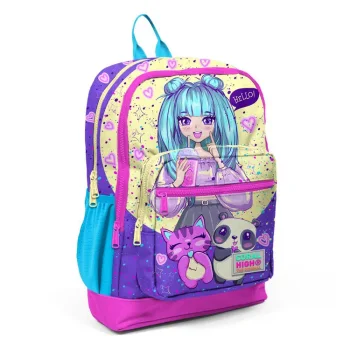 Coral High Kids Mor Pembe Anime Kız Desenli Dört Bölmeli Okul Sırt Çantası 23735