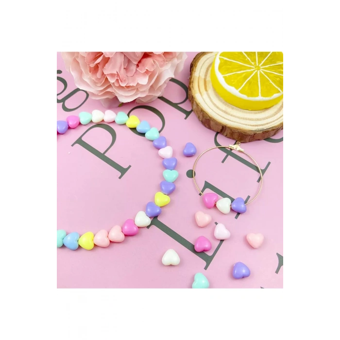 100 gr (500 adet) Şeker Rengi Akrilik Kalp Boncuklar Renkli Karışık Plastik Pastel Boncuklar Ara Boncuk Kalp Şekilli Kolye Bilezik için