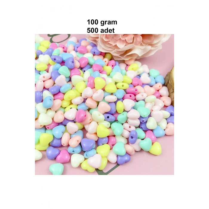 100 gr (500 adet) Şeker Rengi Akrilik Kalp Boncuklar Renkli Karışık Plastik Pastel Boncuklar Ara Boncuk Kalp Şekilli Kolye Bilezik için