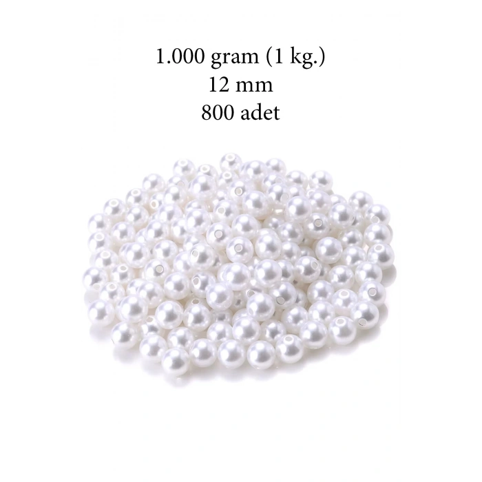 1.000 gram (1 kg.) 12mm Beyaz Renk Plastik İnci Boncuk Çanta ve Takı Yapım Boncuğu (~800 adet)