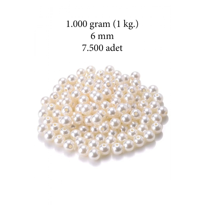1.000 gram (1 kg.) 6mm Krem Renk Plastik İnci Boncuk Çanta ve Takı Yapım Boncuğu (~7.500 adet)