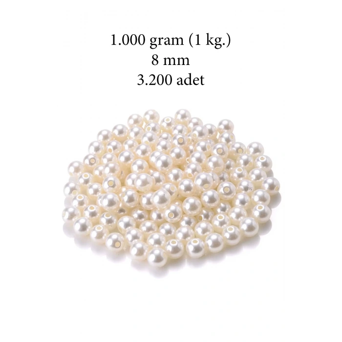1.000 gram (1 kg.) 8mm Krem Renk Plastik İnci Boncuk Çanta ve Takı Yapım Boncuğu (~3.200 adet)