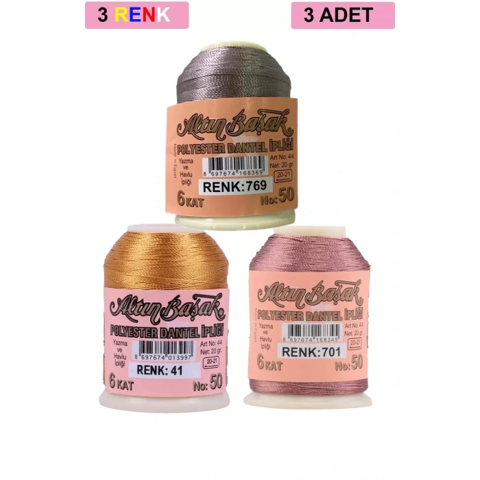 3 Adet Altınbaşak Oya ve Dantel İpi 20 gr - Royaleks - No: 041 - 701 - 769