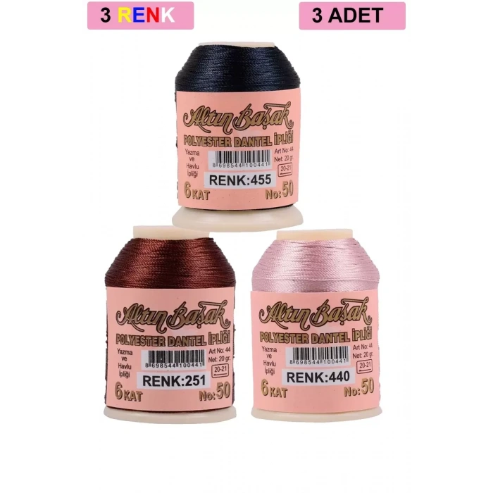 3 Adet Altınbaşak Oya ve Dantel İpi 20 gr - Royaleks - No: 251 - 440 - 455