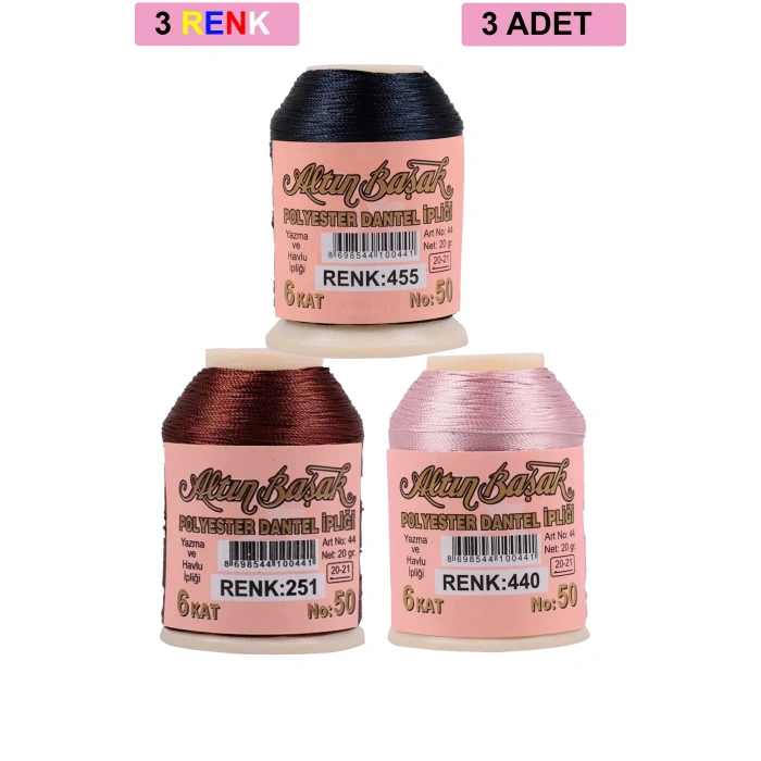 3 Adet Altınbaşak Oya ve Dantel İpi 20 gr - Royaleks - No: 251 - 440 - 455
