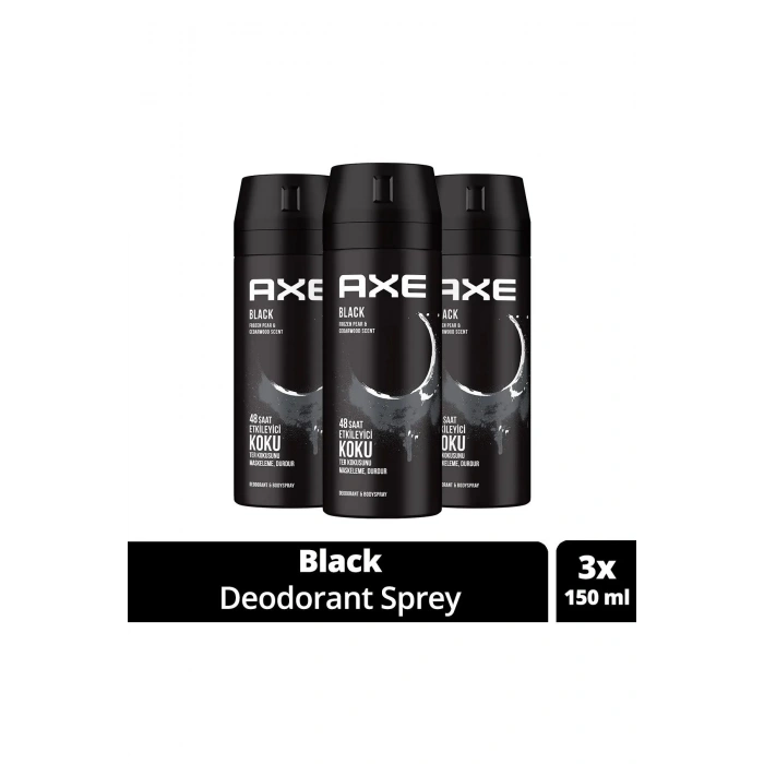 3 Adet Axe Erkek Deodorant & Bodyspray Black 48 Saat Etkileyici Koku Vücut Spreyi 150 ml
