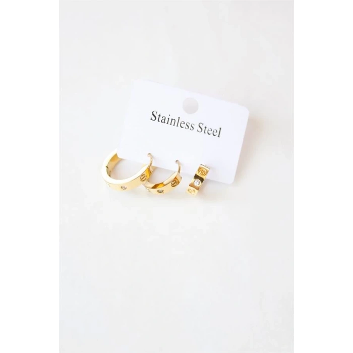 3lü Taşlı Çelik Halka Küpe - Altın