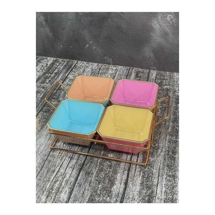 4 Bölmeli Gold Standlı Cam Kahvaltılık Çerezlik Sunumluk Renkli