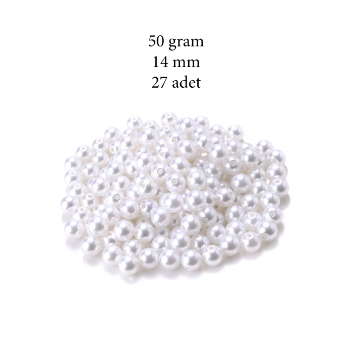 50 gram 14mm Beyaz Renk Plastik İnci Boncuk Çanta ve Takı Yapım Boncuğu (~27 adet)