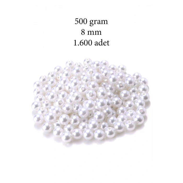 500 gram 8mm Beyaz Renk Plastik İnci Boncuk Çanta ve Takı Yapım Boncuğu (~1.600 adet)