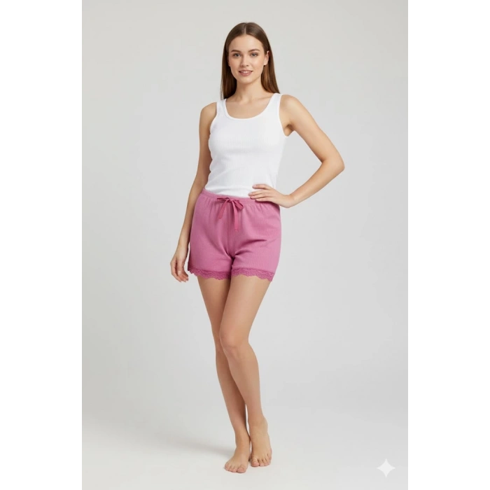 Bambu Fitilli Kadın Ev Şortu Bacak Dantel Detaylı Ev Giyim Fuşya