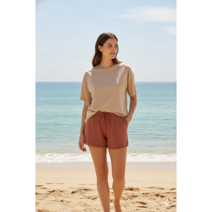 Bambu Fitilli Kadın Ev Şortu Bacak Dantel Detaylı Ev Giyim Taba