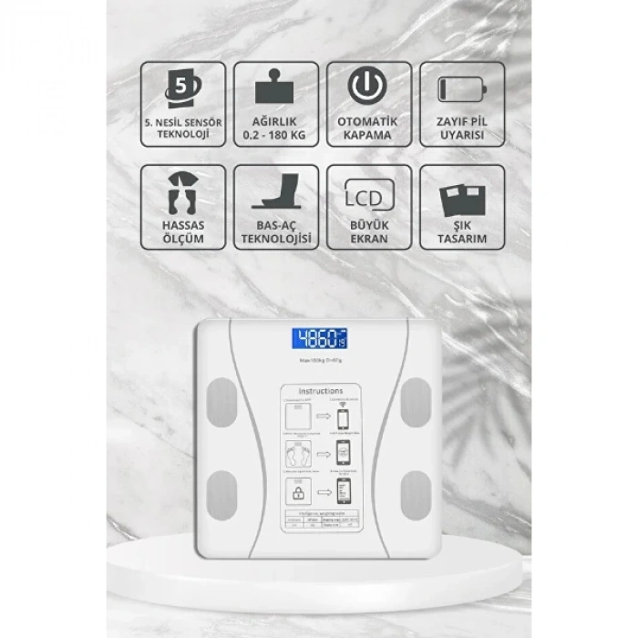 Beyaz Renk Bluetooth Özellikli Akıllı Tartı