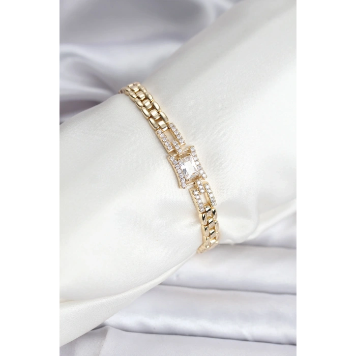 Mey İthalat® 14K Gold Renk Kaplama Zirkon Kare Taşlı CM Kadın Bileklik