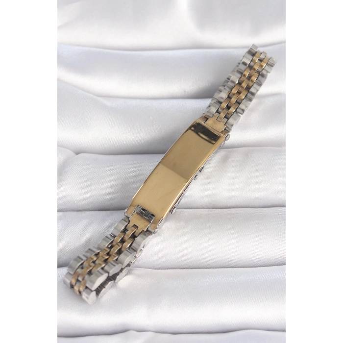 Mey İthalat® 316L Çelik Gold Gümüş Renk Kalın Zincir Künye Model Erkek Bileklik