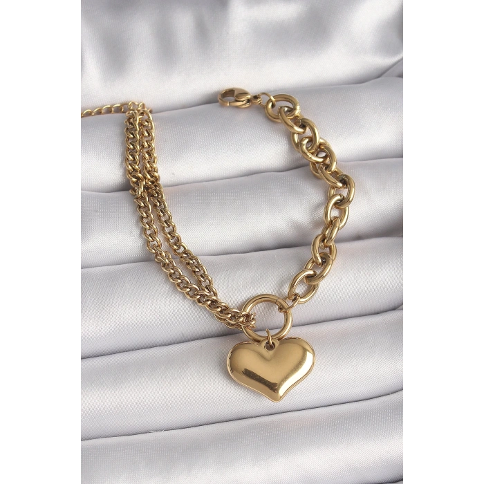 Mey İthalat® 316L Çelik Gold Renk 2Li Zincir Model Kalp Figür Kadın Bileklik