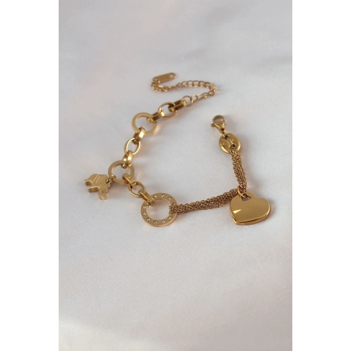 Mey İthalat® 316L Çelik Gold Renk 2li Zincir Model Zirkon Taş Detay Kadın Bileklik